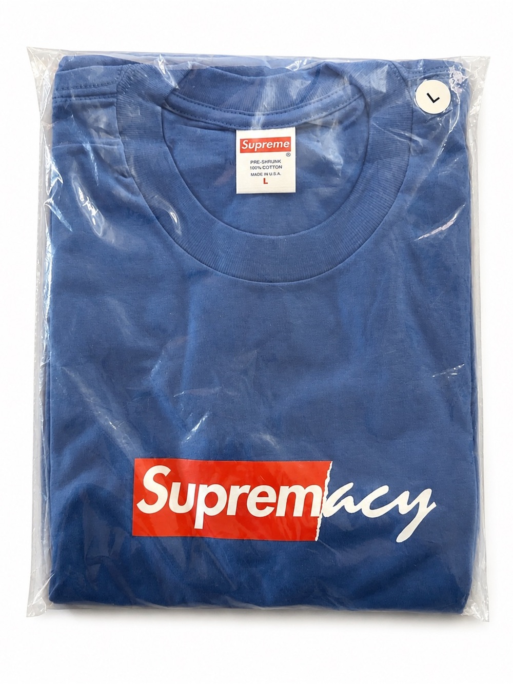 Supreme Blue Short Sleeve Tee with Red & White Supremacy Logo